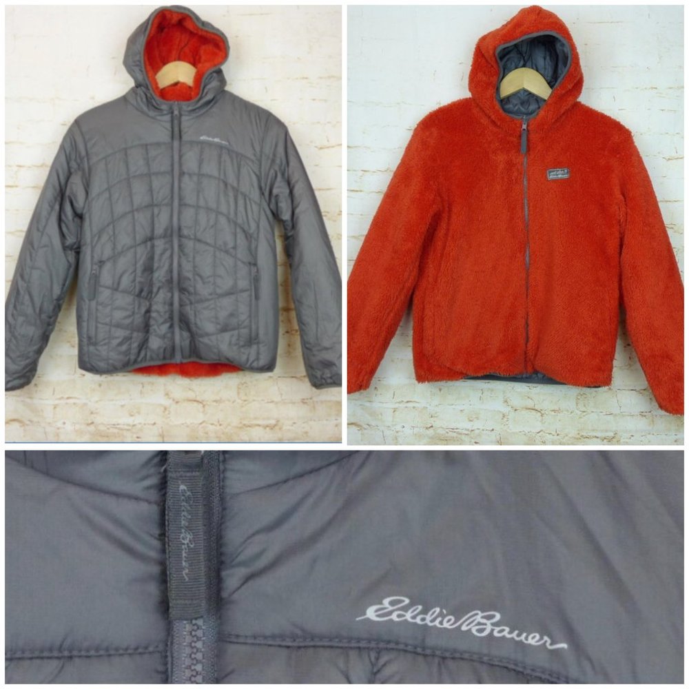 Eddie Bauer Jacket Kids L 14-16 Gray Orange Reversible Puffer Fleece Zip Hood